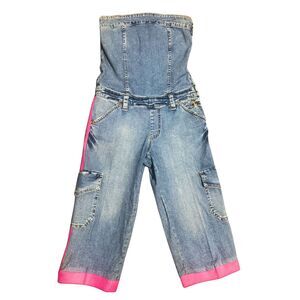 Vintage 90s Y2K Blue & Pink Size 9 M Baby Phat Streetwear Denim Cargo Jumpsuit